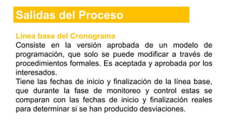 Línea base del Cronograma
Consiste en la versión aprobada de un modelo de
programación, que solo se puede modificar a través de
procedimientos formales. Es aceptada y aprobada por los
interesados.
Tiene las fechas de inicio y finalización de la línea base,
que durante la fase de monitoreo y control estas se
comparan con las fechas de inicio y finalización reales
para determinar si se han producido desviaciones.
Salidas del Proceso
 
