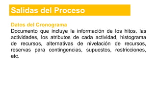 Datos del Cronograma
Documento que incluye la información de los hitos, las
actividades, los atributos de cada actividad, histograma
de recursos, alternativas de nivelación de recursos,
reservas para contingencias, supuestos, restricciones,
etc.
Salidas del Proceso
 