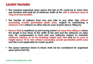 27
 The required organized open space (tot lot) of 5% could be in more than
one location and shall be of minimum width of 3m with a minimum area of
15sq.m at one location.
 The transfer of setback from any one side to any other side without
exceeding overall permissible plinth area, subject to maintaining a
minimum 2.5m setback on other side (in case of plots above 750sq.m)
 Narrow Plots is redefined as plot having extent not more than 400sq.m where
the length is four times of the width of the plot and the setbacks on sides
may be compensated in front and rear setbacks subject to maintain
minimum setback of 1m for buildings height upto 10m and 2m in case of
height above 10 to 15m without exceeding overall permissible plinth area
and this is not applicable for made up plots
 The space between block to block shall not be considered for organized
open space (tot lot)
SALIENT FEATURES
Andhra Pradesh Building Rules – 2012
 