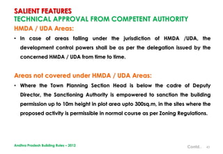 45
TECHNICAL APPROVAL FROM COMPETENT AUTHORITY
HMDA / UDA Areas:
• In case of areas falling under the jurisdiction of HMDA /UDA, the
development control powers shall be as per the delegation issued by the
concerned HMDA / UDA from time to time.
Areas not covered under HMDA / UDA Areas:
• Where the Town Planning Section Head is below the cadre of Deputy
Director, the Sanctioning Authority is empowered to sanction the building
permission up to 10m height in plot area upto 300sq.m, in the sites where the
proposed activity is permissible in normal course as per Zoning Regulations.
SALIENT FEATURES
Contd..Andhra Pradesh Building Rules – 2012
 