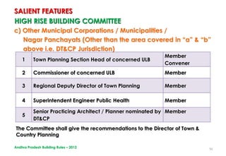 50
HIGH RISE BUILDING COMMITTEE
c) Other Municipal Corporations / Municipalities /
Nagar Panchayats (Other than the area covered in “a” & “b”
above i.e. DT&CP Jurisdiction)
SALIENT FEATURES
1 Town Planning Section Head of concerned ULB
Member
Convener
2 Commissioner of concerned ULB Member
3 Regional Deputy Director of Town Planning Member
4 Superintendent Engineer Public Health Member
5
Senior Practicing Architect / Planner nominated by
DT&CP
Member
The Committee shall give the recommendations to the Director of Town &
Country Planning
Andhra Pradesh Building Rules – 2012
 