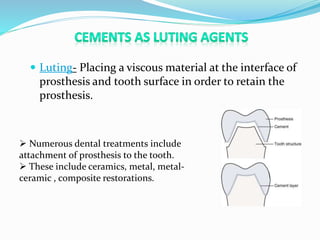  Luting- Placing a viscous material at the interface of
prosthesis and tooth surface in order to retain the
prosthesis.
 Numerous dental treatments include
attachment of prosthesis to the tooth.
 These include ceramics, metal, metal-
ceramic , composite restorations.
 