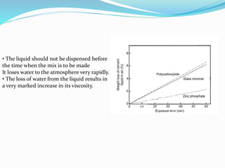 • The liquid should not be dispensed before
the time when the mix is to be made
It loses water to the atmosphere very rapidly.
• The loss of water from the liquid results in
a very marked increase in its viscosity.
 