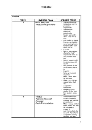 Proposal
3
Schedule
WEEK OVERALL PLAN SPECIFIC TASKS
1 -Initial Response
-Production Experiments
 Start and finish the
initial plans and the
production
experiments
 Start with the
production
experiments
 Record a short film
about a key and a
door
 Edit the film in Adobe
Premiere and add in
some backing tracks
to spice up the short
film a little bit
 Export it
 Record some sound
effects for the 2nd
experiment which is a
Shaun of the dead
clip
 Record enough to fill
the entire video with
sound
 Use premiere to add
all the sound effects
in
 Export it
 Write up the initial
response
 Make 2 mind maps
for film ideas
 Make a mood board
related to the final
idea
 Analyse the
moodboard.
 Research things
needed for the short
film; location, props
etc.
2 -Product
-Audience Research
-Proposal
-Begin Pre-production
 Start and finish the
audience research,
proposal and start the
pre-production
 Make a survey related
to the project and wait
for my peers to
answer it
 Add the results to the
research PowerPoint.
 Analyse the primary
research that was
 