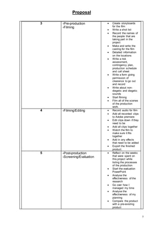 Proposal
5
3 -Pre-production
-Filming
 Create storyboards
for the film
 Write a shot list
 Record the names of
the people that are
taking part in the
project
 Make and write the
casting for the film
 Detailed information
on the locations
 Write a risk
assessment,
contingency plan,
production schedule
and call sheet
 Write a form giving
permission of
clearance to go out
and record
 Write about non-
diegetic and diegetic
sounds
 Start filming
 Film all of the scenes
of the production
work.
4 -Filming/Editing  Record audio for film
 Add all recorded clips
to Adobe premiere
 Edit clips down if they
need to be
 Add all clips together
 Watch the film to
make sure it fits
together
 Add in any effects
that need to be added
 Export the finished
product.
5 -Post-production
-Screening/Evaluation
 Reflect on the weeks
that were spent on
this project while
listing the processes
of the production
 Start the evaluation
PowerPoint
 Analyse the
effectiveness of the
research
 Go over how I
managed my time
 Analyse the
effectiveness of my
planning
 Compare the product
with a pre-existing
product
 