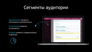 Сегменты аудитории
Динамические сегменты
пополняются автоматически
Статические сегменты
не меняются
Готовые сегменты преднастроены
в фильтре
 