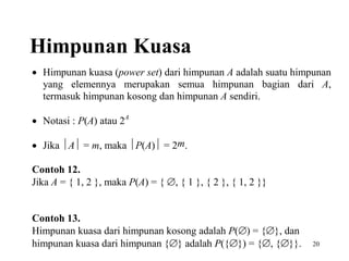 20
Himpunan Kuasa
 Himpunan kuasa (power set) dari himpunan A adalah suatu himpunan
yang elemennya merupakan semua himpunan bagian dari A,
termasuk himpunan kosong dan himpunan A sendiri.
 Notasi : P(A) atau 2A
 Jika A = m, maka P(A) = 2m.
Contoh 12.
Jika A = { 1, 2 }, maka P(A) = { , { 1 }, { 2 }, { 1, 2 }}
Contoh 13.
Himpunan kuasa dari himpunan kosong adalah P() = {}, dan
himpunan kuasa dari himpunan {} adalah P({}) = {, {}}.
 