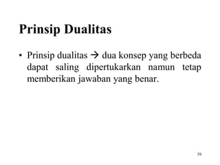 39
Prinsip Dualitas
• Prinsip dualitas  dua konsep yang berbeda
dapat saling dipertukarkan namun tetap
memberikan jawaban yang benar.
 