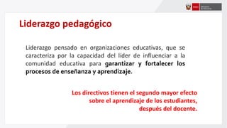 Liderazgo pedagógico
Liderazgo pensado en organizaciones educativas, que se
caracteriza por la capacidad del líder de influenciar a la
comunidad educativa para garantizar y fortalecer los
procesos de enseñanza y aprendizaje.
Los directivos tienen el segundo mayor efecto
sobre el aprendizaje de los estudiantes,
después del docente.
 