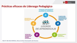 Prácticas eficaces de Liderazgo Pedagógico
RSG N° 304-2014-MINEDU, Marco de Buen Desempeño del Directivo
 