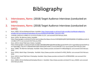 Bibliography
1. Interviewees, Name. (2018) Target Audience Interviews (conducted on
DATE)
2. Interviewees, Name. (2018) Target Audience Interviews (conducted on
DATE)
3. Anon. (2005). 50 Cent Bulletproof Game. Available: https://www.google.co.uk/search?safe=strict&ei=EvqPWvjbH-eMgAa27p-
wCw&q=50+cent+bulletproof+game&oq=50+cent+bulletproof+game&gs_l=psy-ab.3..0l10.
4. 1145596.1149516.0.1149819.12.12.0.0.0.0.76.836.12.12.0.. Last accessed 23rd February 2018 .
5. Anon. (1979). The Warriors Game. Available:
https://www.google.co.uk/search?q=the+warriors&oq=the+&aqs=chrome.0.69i59j69i61j69i57j69i59l2j69i60.2231j0j9&sourceid=ch
rome&ie=UTF-8. Last accessed 23rd February 2018 .
6. Anon. (2013). Grand Theft Auto V Game. Available:
https://www.google.co.uk/search?safe=strict&ei=AACQWtyONKmIgAai94mwCA&q=grand+theft+auto+v+game&oq=grand+theft+au
to+v+game&gs_l=psy-ab.3..0l5j0i20i263k1l2j0l3.4558.6236.0.6364.5.5.0.0.0.0.80.365.5.5.0. Last accessed 23rd February 2018 .
7. Anon. (2009). The Warriors Gameplay. Available: https://www.youtube.com/watch?v=vMZaoDGgxcQ. Last accessed 23rd February
2018 .
8. Anon. (2016). Watch Dogs 2 Gameplay . Available: https://www.youtube.com/watch?v=hEM_YBvfVlo. Last accessed 23rd February
2018 .
9. Anon. (2013). Grand Theft Auto V Gameplay. Available: https://www.youtube.com/watch?v=d74REG039Dk. Last accessed 23rd
February 2018 .
10. Anon. (2009). 50 Cent Bulletproof Gameplay Mission 1. Available: https://www.youtube.com/watch?v=cpz_oV4jIDk. Last accessed
23rd February 2018 .
 