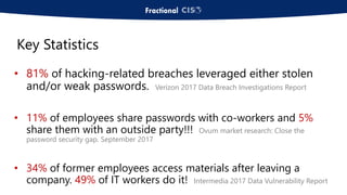 Key Statistics
• 81% of hacking-related breaches leveraged either stolen
and/or weak passwords. Verizon 2017 Data Breach Investigations Report
• 11% of employees share passwords with co-workers and 5%
share them with an outside party!!! Ovum market research: Close the
password security gap. September 2017
• 34% of former employees access materials after leaving a
company. 49% of IT workers do it! Intermedia 2017 Data Vulnerability Report
 