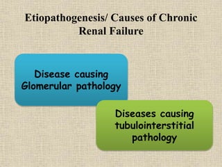 Etiopathogenesis/ Causes of Chronic
Renal Failure
Disease causing
Glomerular pathology
Diseases causing
tubulointerstitial
pathology
 