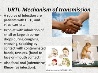 URTI. Mechanism of transmission
• A source of infection are
patients with URTI, and
virus-carriers.
• Droplet with inhalation of
small or large airborne
drops during coughing,
sneezing, speaking by
contact with contaminated
hands, toys ets. (hand-to-
face or -mouth contact).
• Also fecal-oral (Adenovirus,
Rheovirus infection).
 