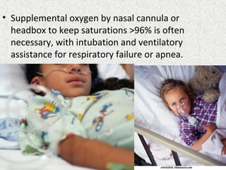 • Supplemental oxygen by nasal cannula or
headbox to keep saturations >96% is often
necessary, with intubation and ventilatory
assistance for respiratory failure or apnea.
 