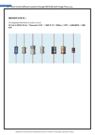 30 Anti missile diffusion system through MATLAB with Image Processing
Department of Electronics & Instrumentation, Shri G.S. Institute of Technology And Science, Indore
RESISTANCE :
A Component that limits or resists current.
SI Unit is OHM (W) K = Thousand 1 KW = 1000 W M = Million 1 MW = 1,000,000W = 1000
KW
 