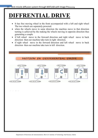 35 Anti missile diffusion system through MATLAB with Image Processing
Department of Electronics & Instrumentation, Shri G.S. Institute of Technology And Science, Indore
DIFFRENTIAL DRIVE
 It has free moving wheel in the front accompanied with a left and right wheel
The two wheels are separately powered.
 when the wheels move in same direction the machine move in that direction
turning is achieved by the making the wheels moving in opposite direction thus
generating a couple
 if left wheel move in the forward direction and right wheel move in back
direction then our machine take turn in right direction.
 if right wheel move in the forward direction and left wheel move in back
direction then our machine take turn in left direction.
 