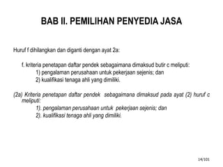 BAB II. PEMILIHAN PENYEDIA JASA
Huruf f dihilangkan dan diganti dengan ayat 2a:
f. kriteria penetapan daftar pendek sebagaimana dimaksud butir c meliputi:
1) pengalaman perusahaan untuk pekerjaan sejenis; dan
2) kualifikasi tenaga ahli yang dimiliki.
(2a) Kriteria penetapan daftar pendek sebagaimana dimaksud pada ayat (2) huruf c
meliputi:
1). pengalaman perusahaan untuk pekerjaan sejenis; dan
2). kualifikasi tenaga ahli yang dimiliki.
14/101
 