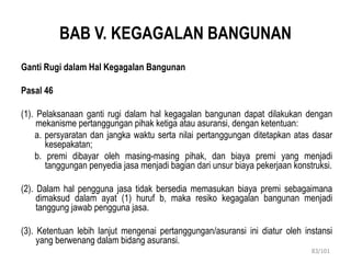 BAB V. KEGAGALAN BANGUNAN
Ganti Rugi dalam Hal Kegagalan Bangunan
Pasal 46
(1). Pelaksanaan ganti rugi dalam hal kegagalan bangunan dapat dilakukan dengan
mekanisme pertanggungan pihak ketiga atau asuransi, dengan ketentuan:
a. persyaratan dan jangka waktu serta nilai pertanggungan ditetapkan atas dasar
kesepakatan;
b. premi dibayar oleh masing-masing pihak, dan biaya premi yang menjadi
tanggungan penyedia jasa menjadi bagian dari unsur biaya pekerjaan konstruksi.
(2). Dalam hal pengguna jasa tidak bersedia memasukan biaya premi sebagaimana
dimaksud dalam ayat (1) huruf b, maka resiko kegagalan bangunan menjadi
tanggung jawab pengguna jasa.
(3). Ketentuan lebih lanjut mengenai pertanggungan/asuransi ini diatur oleh instansi
yang berwenang dalam bidang asuransi.
83/101
 