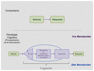 Estimulo Respuesta
Mecanismos
de
Clasificación
(Memoria a largo y
corto plazo)
Vías
de
Ent.
Esquemas
Estimulo Respuesta
Conductismo
Psicología
Cognitiva
(Procesamiento
de la Información)
1ra Revolución
Cognición
2da Revolución
 