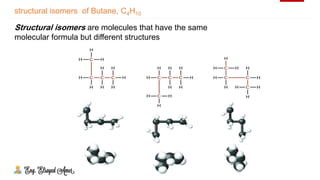 structural isomers of Butane, C4H10
Structural isomers are molecules that have the same
molecular formula but different structures
 