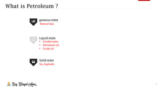 3
What is Petroleum ?
gaseous state
Natural Gas
Liquid state
• Condensates
• Petroleum oil
• Crude oil
Solid state
Tar, Asphalts
 
