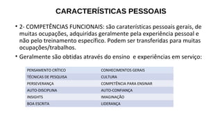 CARACTERÍSTICAS PESSOAIS
• 2- COMPETÊNCIAS FUNCIONAIS: são caraterísticas pessoais gerais, de
muitas ocupações, adquiridas geralmente pela experiência pessoal e
não pelo treinamento específico. Podem ser transferidas para muitas
ocupações/trabalhos.
• Geralmente são obtidas através do ensino e experiências em serviço:
PENSAMENTO CRÍTICO CONHECIMENTOS GERAIS
TÉCNICAS DE PESQUISA CULTURA
PERSEVERANÇA COMPETÊNCIA PARA ENSINAR
AUTO-DISCIPLINA AUTO-CONFIANÇA
INSIGHTS IMAGINAÇÃO
BOA ESCRITA LIDERANÇA
 