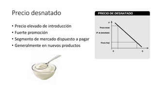 Precio desnatado
• Precio elevado de introducción
• Fuerte promoción
• Segmento de mercado dispuesto a pagar
• Generalmente en nuevos productos
 