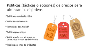 Políticas (tácticas o acciones) de precios para
alcanzar los objetivos
Política de precios flexibles
Política de descuentos
Políticas de bonificación
Políticas geográficas
Políticas referidas a los precios
orientados al valor para el cliente
Precios para línea de productos
 