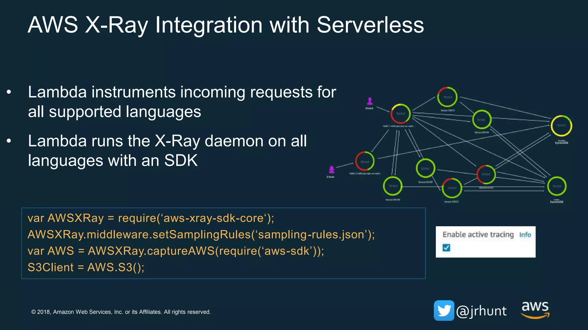 © 2018, Amazon Web Services, Inc. or its Affiliates. All rights reserved. @jrhunt
AWS X-Ray Integration with Serverless
• Lambda instruments incoming requests for
all supported languages
• Lambda runs the X-Ray daemon on all
languages with an SDK
var AWSXRay = require(‘aws-xray-sdk-core‘);
AWSXRay.middleware.setSamplingRules(‘sampling-rules.json’);
var AWS = AWSXRay.captureAWS(require(‘aws-sdk’));
S3Client = AWS.S3();
 