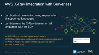 © 2018, Amazon Web Services, Inc. or its Affiliates. All rights reserved. @jrhunt
AWS X-Ray Integration with Serverless
• Lambda instruments incoming requests for
all supported languages
• Lambda runs the X-Ray daemon on all
languages with an SDK
var AWSXRay = require(‘aws-xray-sdk-core‘);
AWSXRay.middleware.setSamplingRules(‘sampling-rules.json’);
var AWS = AWSXRay.captureAWS(require(‘aws-sdk’));
S3Client = AWS.S3();
 