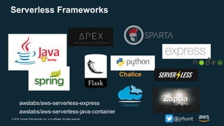 © 2018, Amazon Web Services, Inc. or its Affiliates. All rights reserved. @jrhunt
Chalice
awslabs/aws-serverless-express
awslabs/aws-serverless-java-container
Serverless Frameworks
 