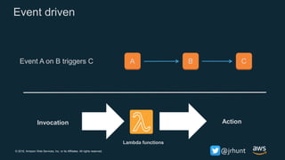 © 2018, Amazon Web Services, Inc. or its Affiliates. All rights reserved. @jrhunt
Event driven
A B CEvent A on B triggers C
Invocation
Lambda functions
Action
 
