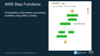 © 2018, Amazon Web Services, Inc. or its Affiliates. All rights reserved. @jrhunt
AWS Step Functions:
Orchestrate a Serverless processing
workflow using AWS Lambda
 