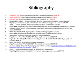 Bibliography
1. Schoettner, Sam (2018) Target Audience Research Survey (conducted on 12/04/18)
2. Sadler-Scott, Rhys. (2018) Target Audience Interviews (conducted on 17/04/18)
3. Hickman, Jack. (2018) Target Audience Interviews (conducted on 17/04/18)
4. Richard Lackey. (2015). 5 Common Film Color Schemes – Learning Cinematic Color Design. Available:
https://www.cinema5d.com/film-color-schemes-cinematic-color-design/. Last accessed 12/04/18.
5. ANON. (.). How to Use Color in Film: 50+ Examples of Movie Color Palettes. Available:
https://www.studiobinder.com/blog/e-books/how-to-use-color-in-film-free-ebook/. Last accessed 12/04/18.
6. shanovitz. (2014). Lighting in Film. Available: https://www.slideshare.net/shanovitz/lighting-in-film. Last
accessed 12/04/18.
7. LEWIS MCGREGOR. (2016). Lighting 101: A Quick Guide for Lighting Film. Available:
https://www.premiumbeat.com/blog/basic-light-placements/. Last accessed 12/04/18.
8. Severin Fiala, Veronika Franz. (2014). Goodnight Mommy. Available:
http://www.imdb.com/title/tt3086442/?ref_=nv_sr_1. Last accessed 13/04/18.
9. Reginald Hudlin. (2017). Marshall. Available: http://www.imdb.com/title/tt5301662/?ref_=nv_sr_3. Last
accessed 13/04/18.
10. Ridley Scott. (2017). All the money in the world. Available:
http://www.imdb.com/title/tt5294550/?ref_=nv_sr_1. Last accessed 13/04/18.
11. Jon Fusco. (2016). Watch: The Psychology of Color in Film. Available: https://nofilmschool.com/2016/06/watch-
psychology-color-film. Last accessed 23/04/18.
12. ANON. (.). How Filmakers use colours to set the mood of a film.Available:
https://digitalsynopsis.com/design/film-movies-color-psychology/. Last accessed 23/04/18.
 