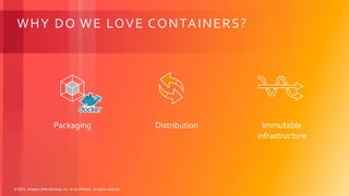 © 2018, Amazon Web Services, Inc. or its Affiliates. All rights reserved.
WHY DO WE LOVE CONTAINERS?
Packaging Distribution Immutable
infrastructure
 