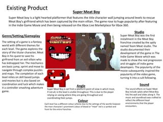 Existing Product
Super Meat Boy
Super Meat boy is a light hearted platformer that features the title character wall jumpin...