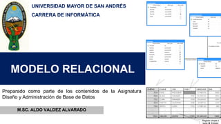 MODELO RELACIONAL
M.SC. ALDO VALDEZ ALVARADO
Preparado como parte de los contenidos de la Asignatura
Diseño y Administración de Base de Datos
UNIVERSIDAD MAYOR DE SAN ANDRÉS
CARRERA DE INFORMÁTICA
 