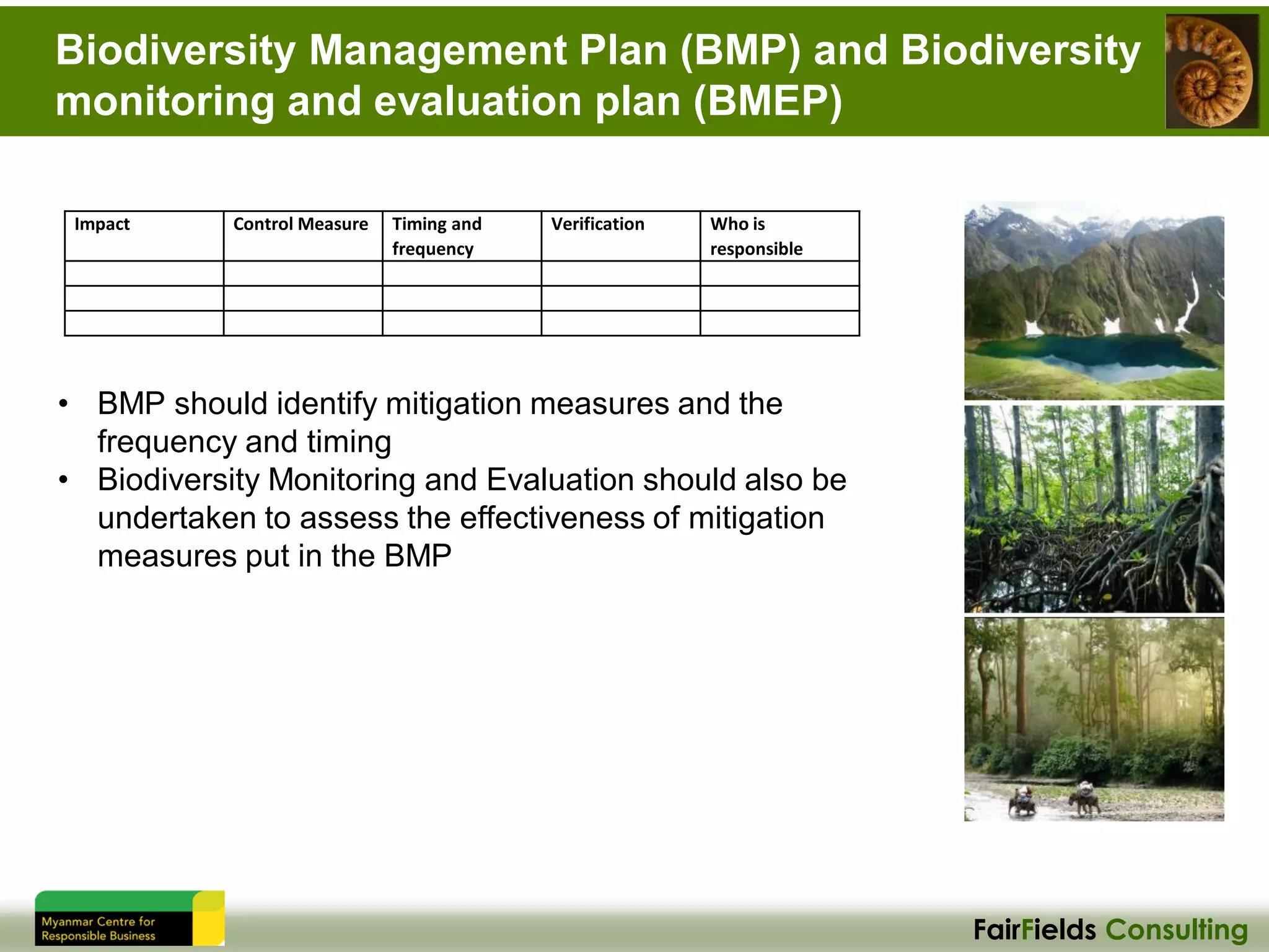 FairFields Consulting
Biodiversity Management Plan (BMP) and Biodiversity
monitoring and evaluation plan (BMEP)
Impact Control Measure Timing and
frequency
Verification Who is
responsible
• BMP should identify mitigation measures and the
frequency and timing
• Biodiversity Monitoring and Evaluation should also be
undertaken to assess the effectiveness of mitigation
measures put in the BMP
 