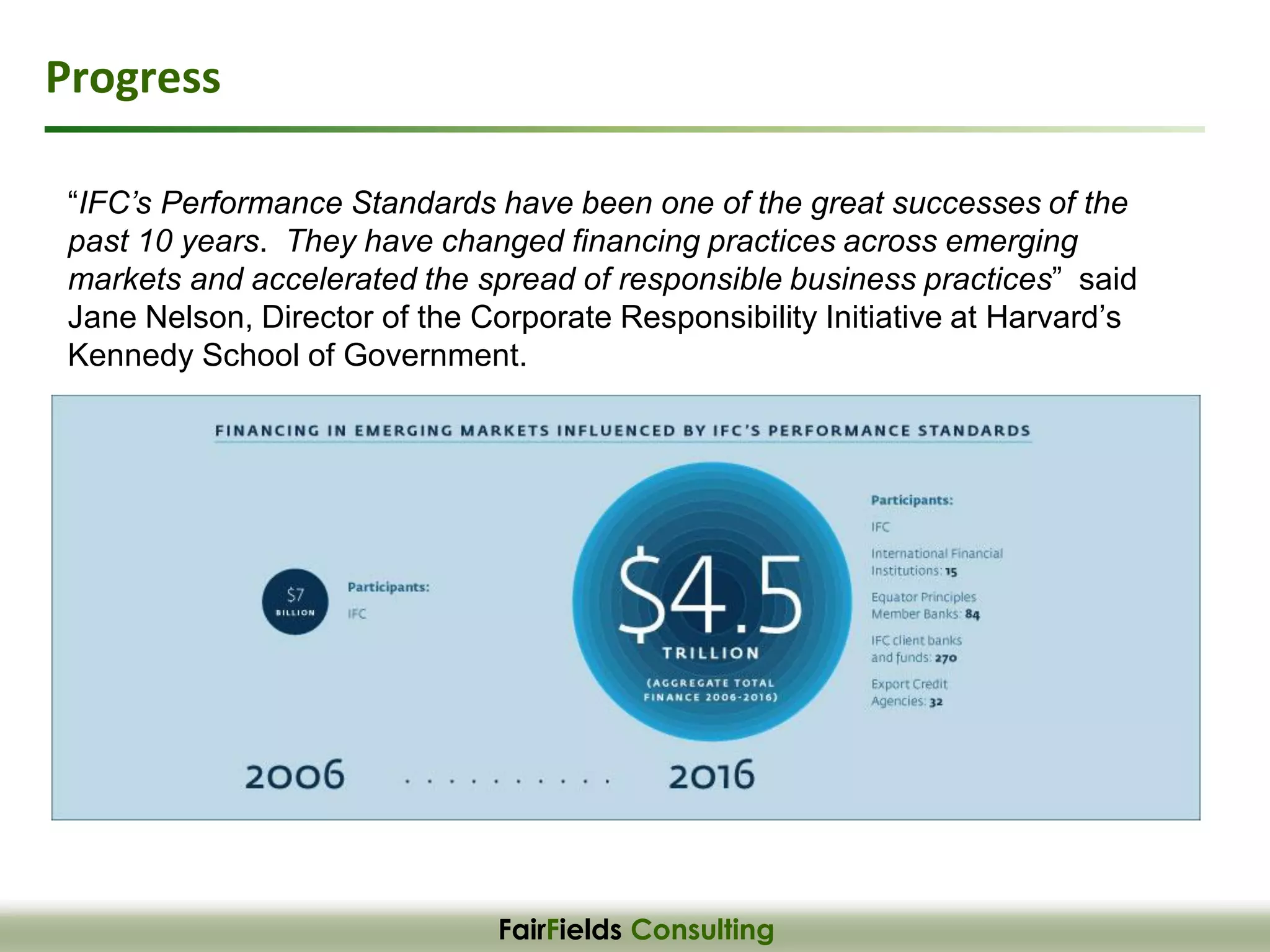 FairFields Consulting
Progress
“IFC’s Performance Standards have been one of the great successes of the
past 10 years. They have changed financing practices across emerging
markets and accelerated the spread of responsible business practices” said
Jane Nelson, Director of the Corporate Responsibility Initiative at Harvard’s
Kennedy School of Government.
 