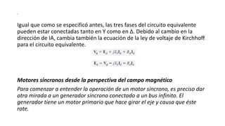 s
Igual que como se especificó antes, las tres fases del circuito equivalente
pueden estar conectadas tanto en Y como en Δ. Debido al cambio en la
dirección de IA, cambia también la ecuación de la ley de voltaje de Kirchhoff
para el circuito equivalente.
Motores síncronos desde la perspectiva del campo magnético
Para comenzar a entender la operación de un motor síncrono, es preciso dar
otra mirada a un generador síncrono conectado a un bus infinito. El
generador tiene un motor primario que hace girar el eje y causa que éste
rote.
 