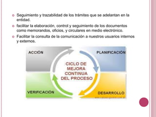  Seguimiento y trazabilidad de los trámites que se adelantan en la
entidad.
 facilitar la elaboración, control y seguimiento de los documentos
como memorandos, oficios, y circulares en medio electrónico.
 Facilitar la consulta de la comunicación a nuestros usuarios internos
y externos.
 