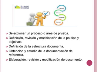  Seleccionar un proceso o área de prueba.
 Definición, revisión y modificación de la política y
objetivos.
 Definición de la estructura documenta.
 Obtención y estudio de la documentación de
referencia.
 Elaboración, revisión y modificación de documento.
 