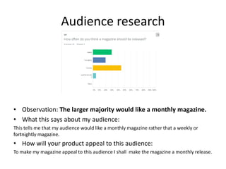 Audience research
• Observation: The larger majority would like a monthly magazine.
• What this says about my audience:
This tells me that my audience would like a monthly magazine rather that a weekly or
fortnightly magazine.
• How will your product appeal to this audience:
To make my magazine appeal to this audience I shall make the magazine a monthly release.
 