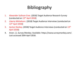 Bibliography
1. Alexander Sullivan-Cree. (2018) Target Audience Research Survey
(conducted on 13th April 2018)
2. Liberty Whitehorn. (2018) Target Audience Interviews (conducted on
13th April 2018)
3. Ayrton Starkey. (2018) Target Audience Interviews (conducted on 13th
April 2018)
4. Anon. (.). Survey Monkey. Available: https://www.surveymonkey.com/.
Last accessed 20th April 2018.
 