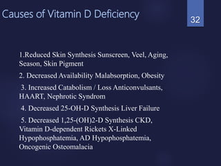 Causes of Vitamin D Deficiency
1.Reduced Skin Synthesis Sunscreen, Veel, Aging,
Season, Skin Pigment
2. Decreased Availability Malabsorption, Obesity
3. Increased Catabolism / Loss Anticonvulsants,
HAART, Nephrotic Syndrom
4. Decreased 25-OH-D Synthesis Liver Failure
5. Decreased 1,25-(OH)2-D Synthesis CKD,
Vitamin D-dependent Rickets X-Linked
Hypophosphatemia, AD Hypophosphatemia,
Oncogenic Osteomalacia
32
 