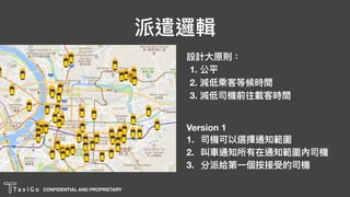 CONFIDENTIAL AND PROPRIETARY
派遣邏輯
設計⼤大原則：
1. 公平
2. 減低乘客等候時間
3. 減低司機前往載客時間
Version 1
1. 司機可以選擇通知範圍
2. 叫⾞車車通知所有在通知範圍內司機
3. 分派給第⼀一個按接受的司機
 