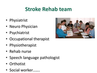 Stroke Rehab team
• Physiatrist
• Neuro Physician
• Psychiatrist
• Occupational therapist
• Physiotherapist
• Rehab nurse
• Speech language pathologist
• Orthotist
• Social worker…….
 