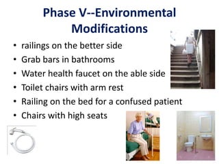 Phase V--Environmental
Modifications
• railings on the better side
• Grab bars in bathrooms
• Water health faucet on the able side
• Toilet chairs with arm rest
• Railing on the bed for a confused patient
• Chairs with high seats
 