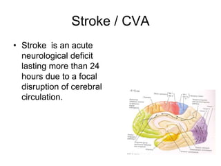 Stroke / CVA
• Stroke is an acute
neurological deficit
lasting more than 24
hours due to a focal
disruption of cerebral
circulation.
 